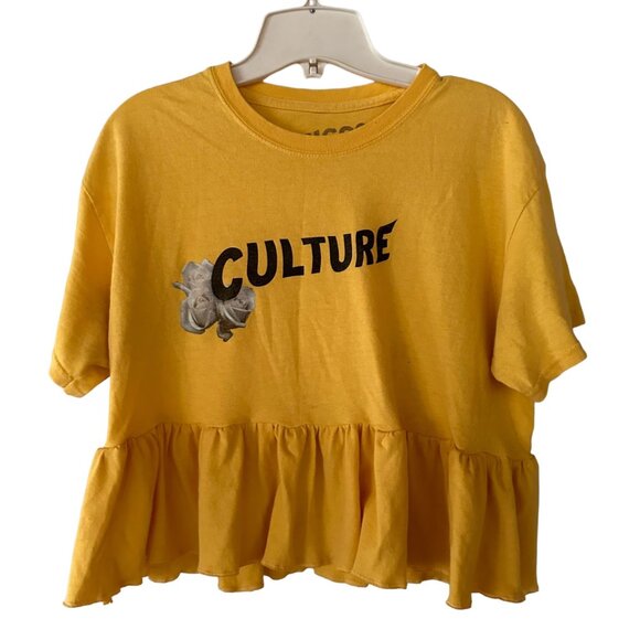 Custom Ruffled Migos Culture Cropped Tee Shirt M Yellow Upcycled Rebuilt Sporty - Picture 1 of 5